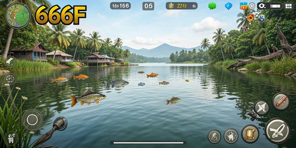 Tampilan gameplay menarik dari 666F saat memancing ikan beragam.
