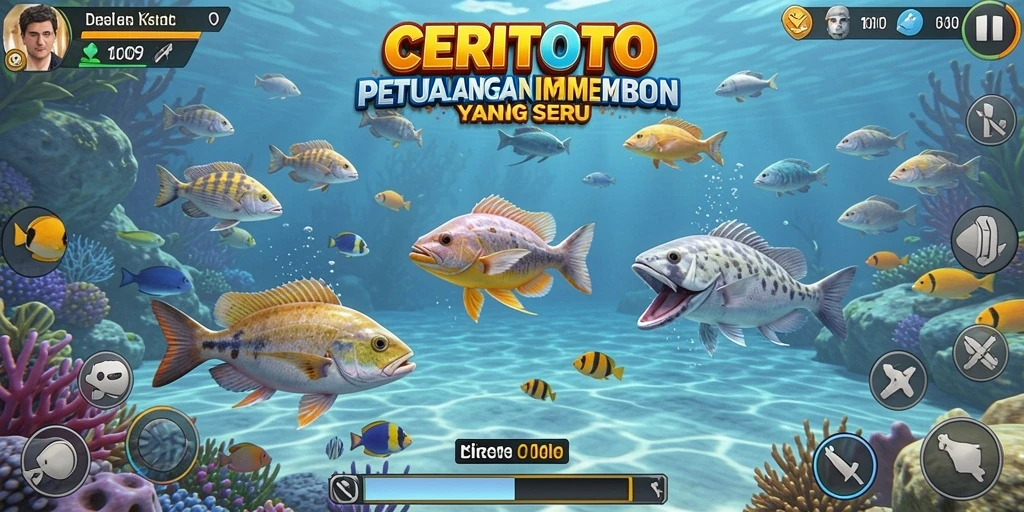Tangkapan layar utama CERITOTO menampilkan aksi seru menembak ikan di bawah laut.