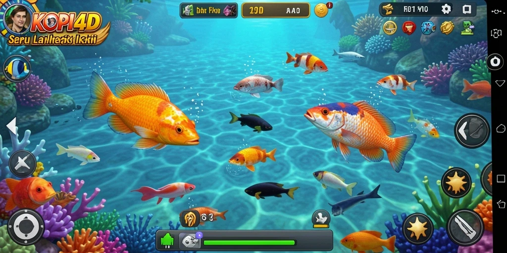 Tampilan gameplay KOPI4D menunjukkan aksi seru menembak ikan.