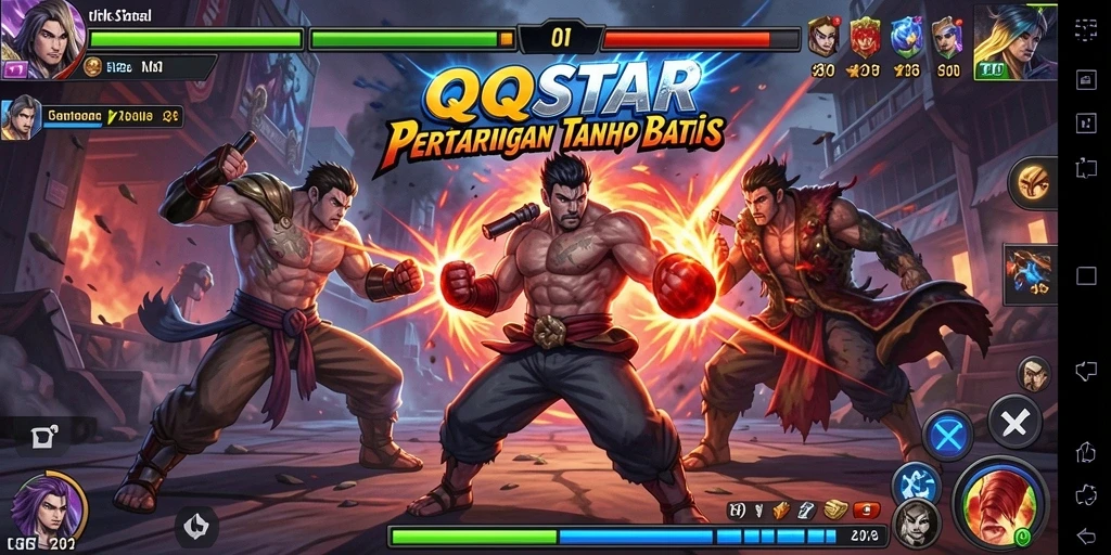 Tampilan gameplay epik dengan karakter bertarung di arena seru.