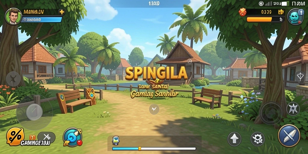 Tampilan gameplay SPINGILA dengan karakter ceria dan tantangan menarik.