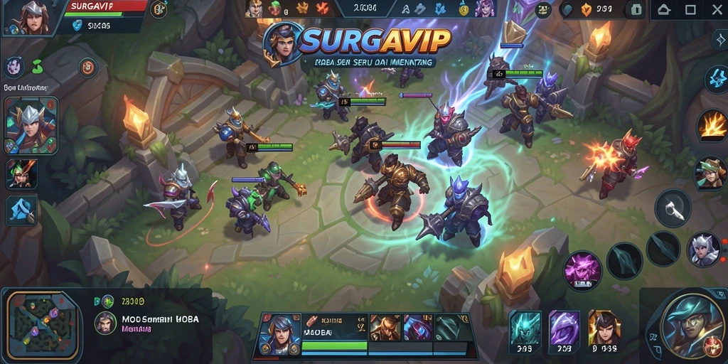 Screenshot gameplay SURGAVIP menampilkan aksi seru dalam pertempuran MOBA.