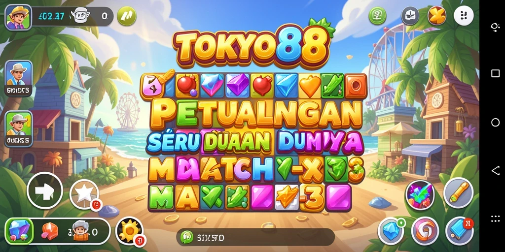 Screenshot gameplay utama TOKYO88 menampilkan elemen Match-3 yang penuh warna.